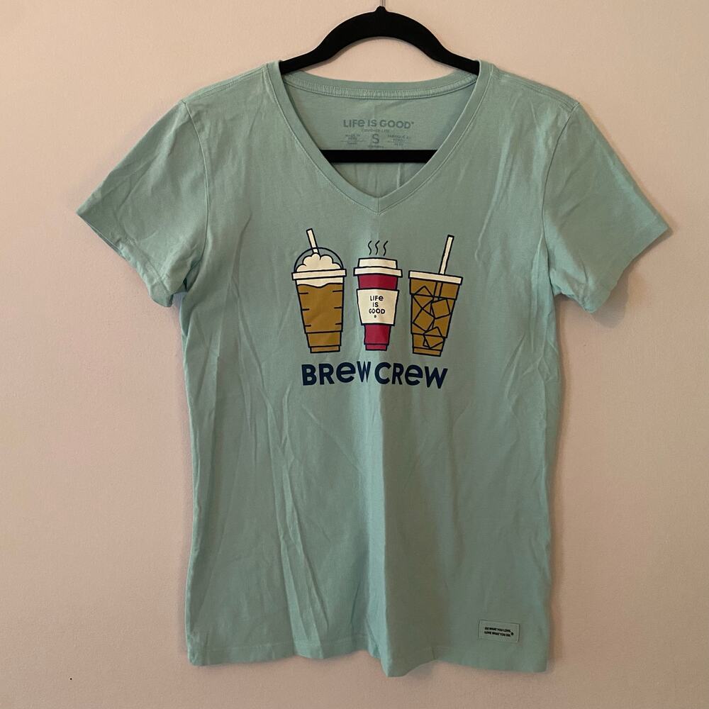 Life Is Good Blue Crusher Lite V-neck Coffee Brew Crew T-Shirt Women size Small